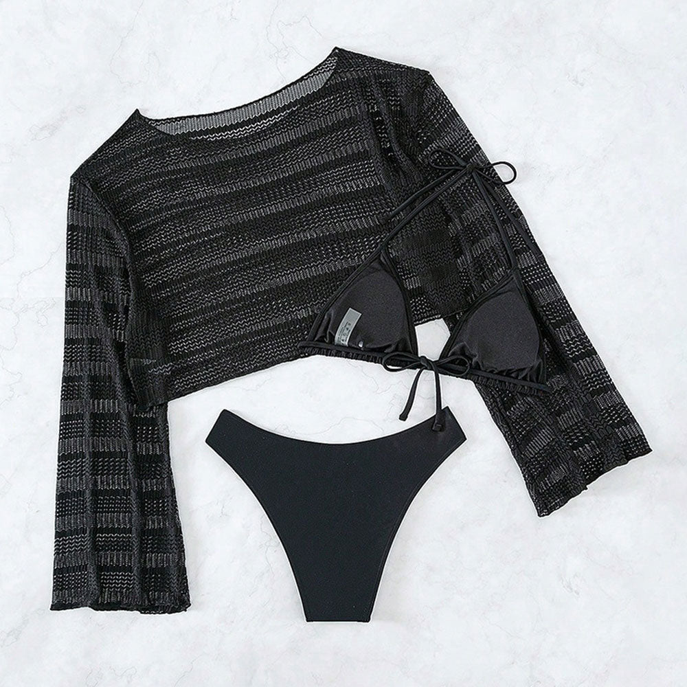 Leisure Long Sleeve Cover Up Cheeky Slide Triangle Brazilian Three Piece Bikini