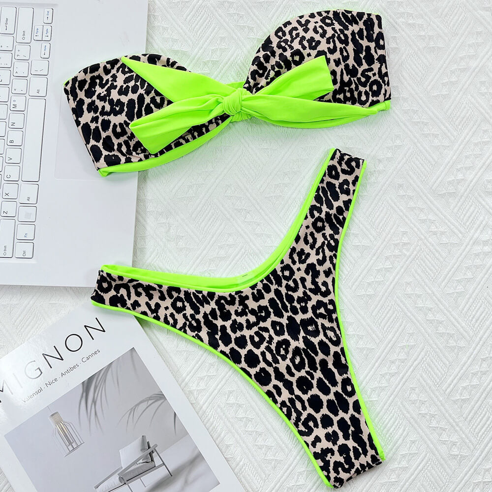 Leopard High Cut Bow Tie Bandeau Thong Brazilian Two Piece Bikini