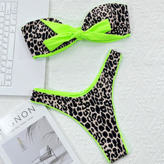 Leopard High Cut Bow Tie Bandeau Thong Brazilian Two Piece Bikini