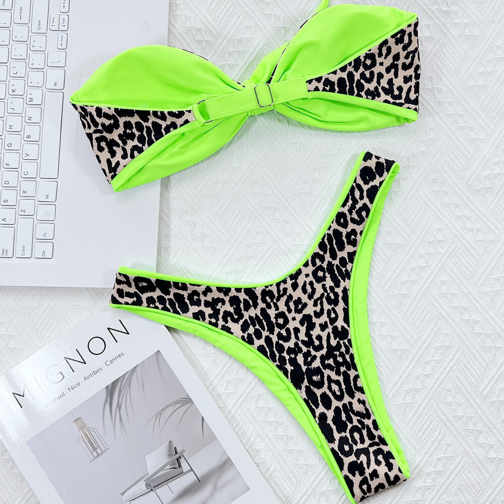 Leopard High Cut Bow Tie Bandeau Thong Brazilian Two Piece Bikini