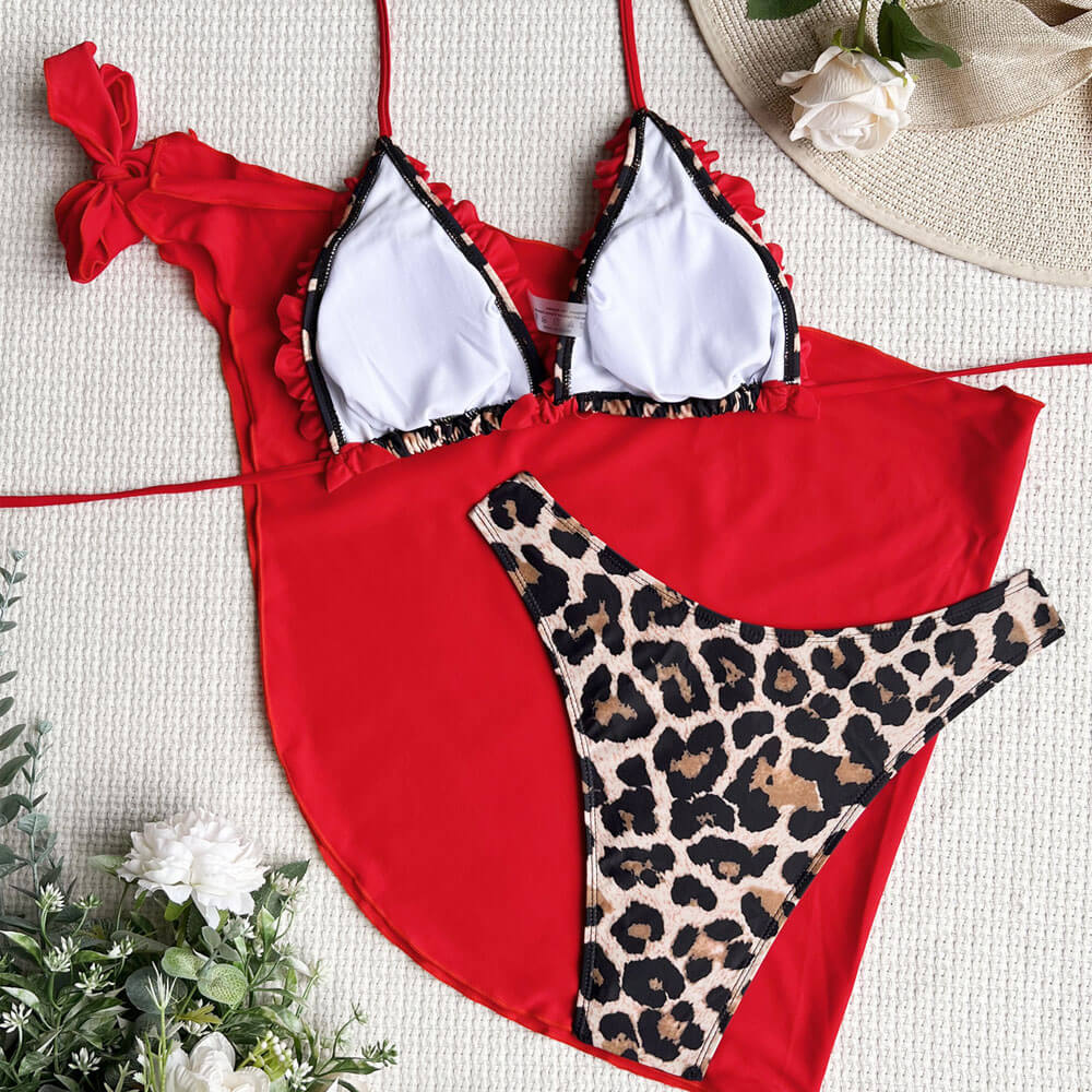 Leopard Print High Cut Ruffle Slide Triangle Brazilian Three Piece Bikini