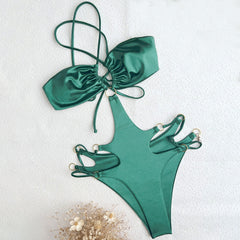 Luxe Satin O Ring Crossed Tie Cheeky Monokini Brazilian One Piece Swimsuit
