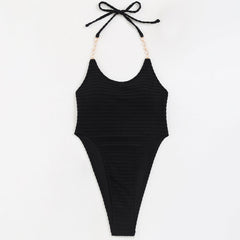 Luxurious Textured Low Back High Ultra Leg Cheeky Halter Brazilian One Piece Swimsuit