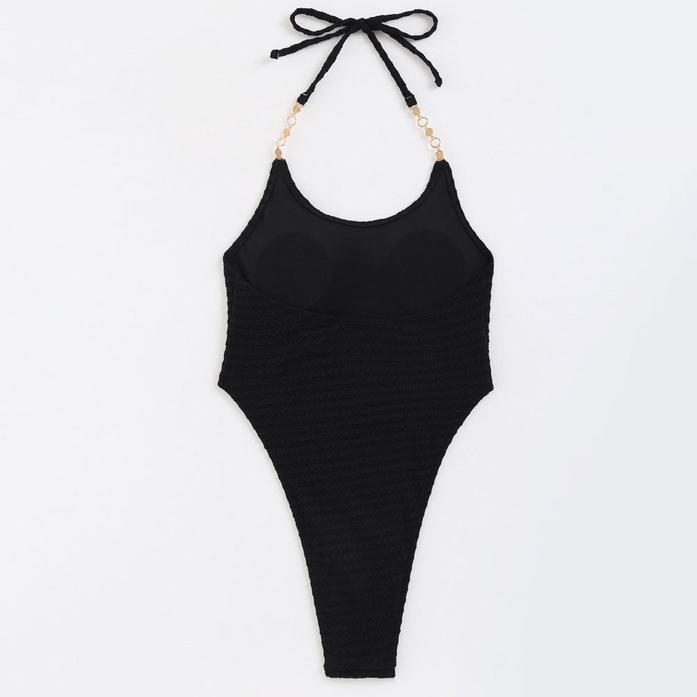Luxurious Textured Low Back High Ultra Leg Cheeky Halter Brazilian One Piece Swimsuit