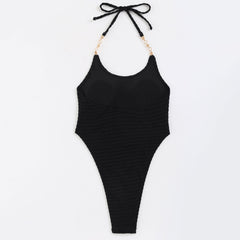 Luxurious Textured Low Back High Ultra Leg Cheeky Halter Brazilian One Piece Swimsuit