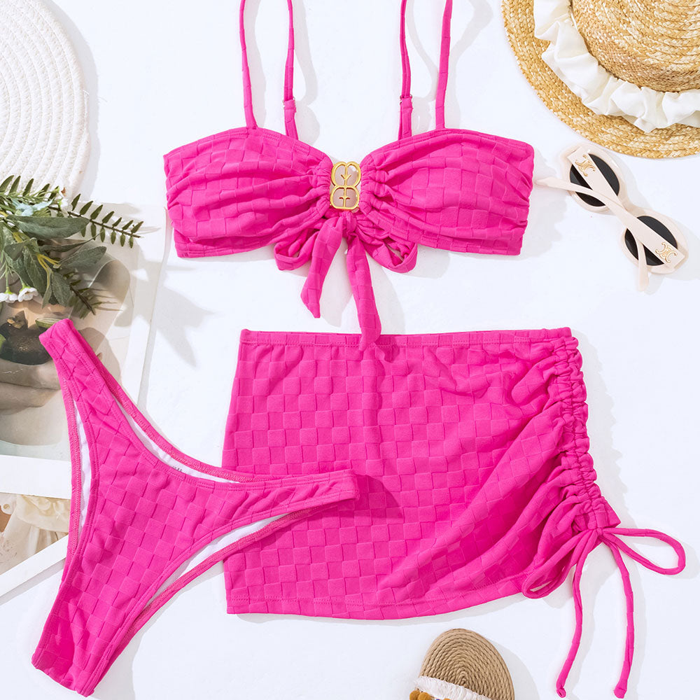 Luxury Cheeky High Leg Checked Terry Bralette Brazilian Three Piece Bikini