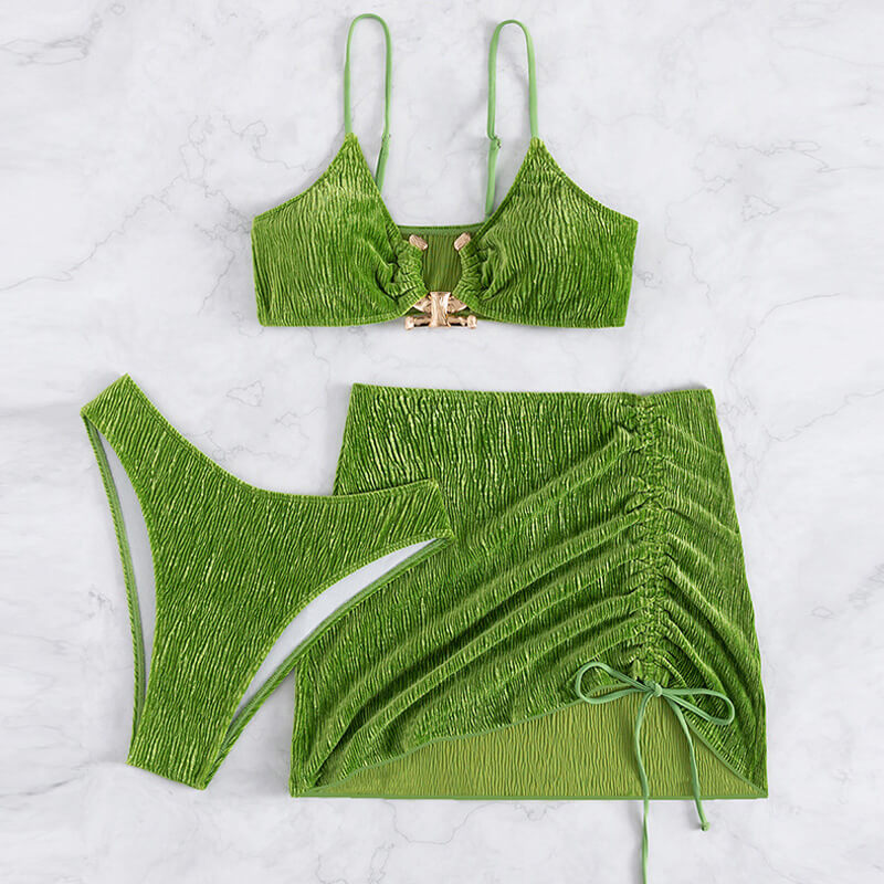 Luxury Notch Ring Velvet Shirred Brazilian Three Piece Bikini