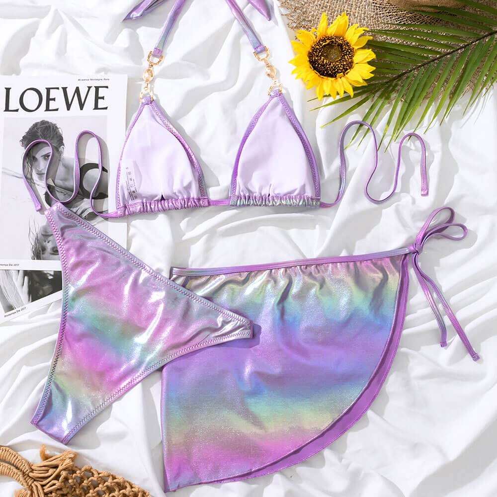 Luxury Rhinestone High Cut Halter Triangle Brazilian Three Piece Bikini