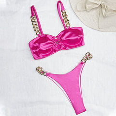 Luxury Satin Metallic Chain O Ring High Leg Cheeky Two Piece Bikini