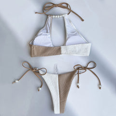 Luxury String Cheeky Beaded Cutout Textured Brazilian Two Piece Bikini