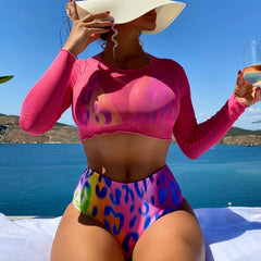 Mesh Cover Up Animal Print Slide Triangle Brazilian Three Piece Bikini