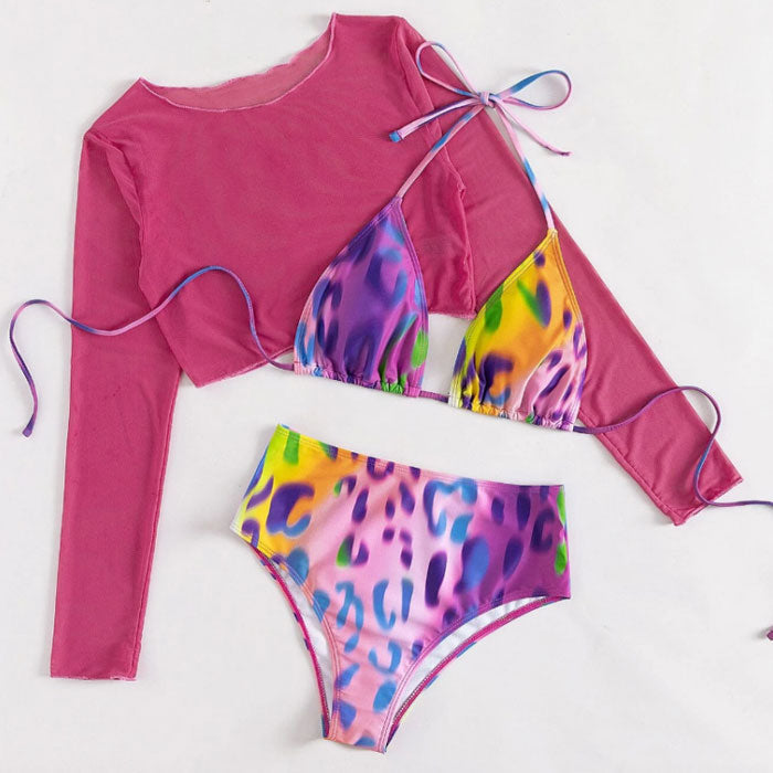 Mesh Cover Up Animal Print Slide Triangle Brazilian Three Piece Bikini