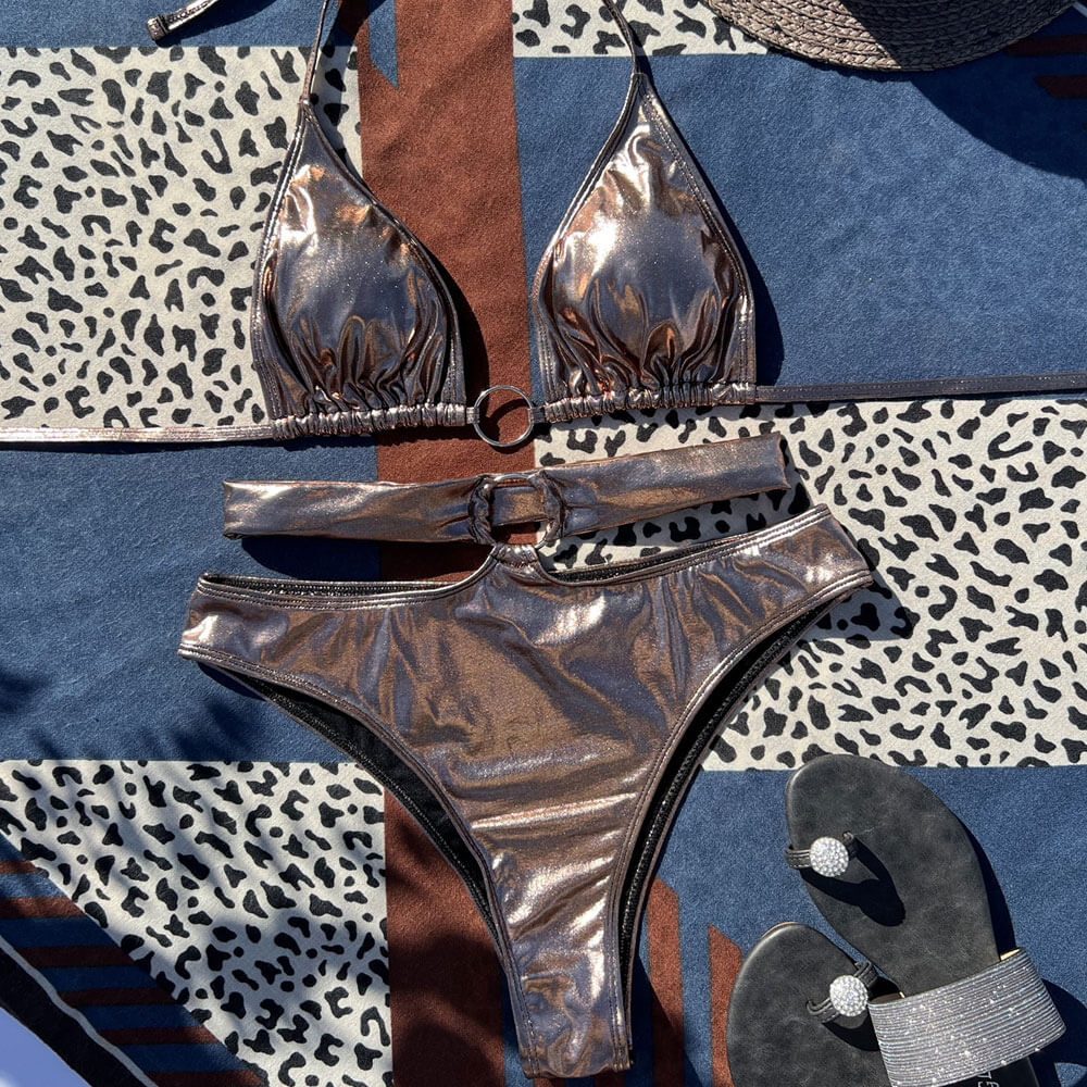 Metal O Ring High Waist Cutout Wrap Triangle Brazilian Two Piece Bikini