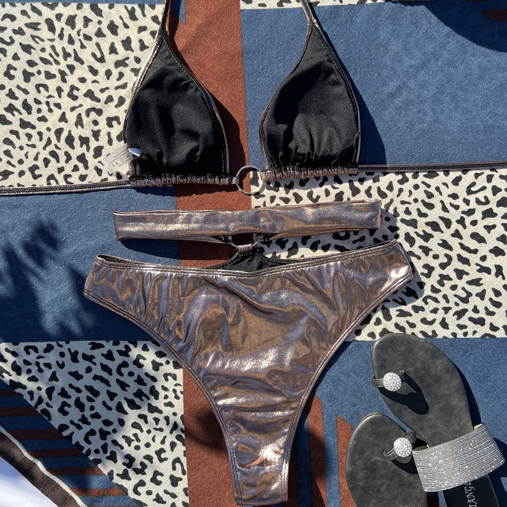 Metal O Ring High Waist Cutout Wrap Triangle Brazilian Two Piece Bikini