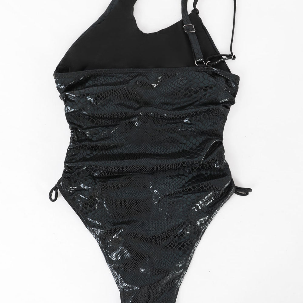 Metallic Animal Print Drawstring One Shoulder Brazilian One Piece Swimsuit