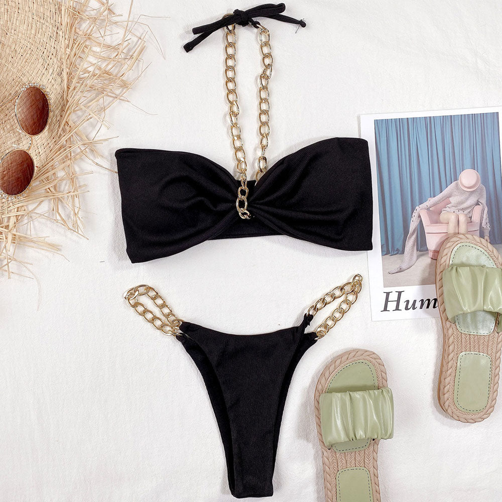 Metallic Chain Halter Bandeau Ribbed Brazilian Two Piece Bikini