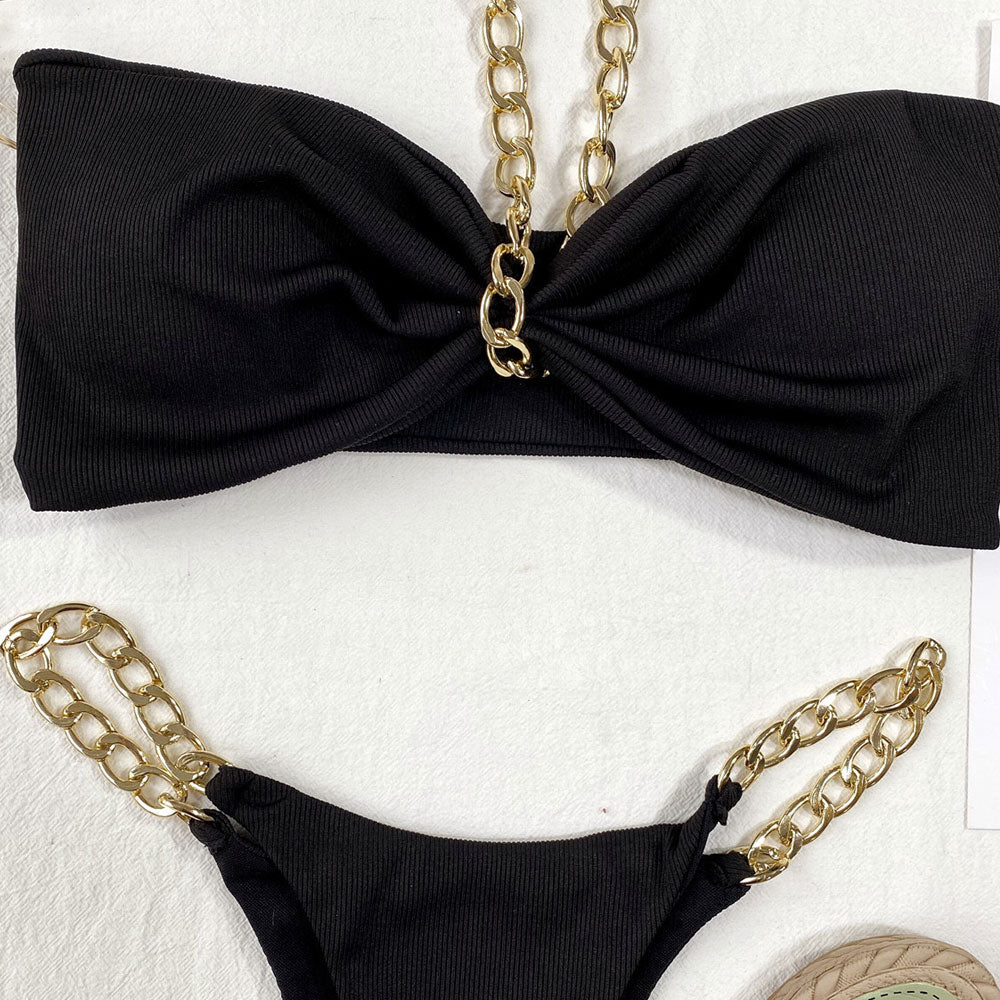 Metallic Chain Halter Bandeau Ribbed Brazilian Two Piece Bikini