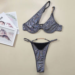 Metallic Chain String Underwire One Shoulder Brazilian Two Piece Bikini