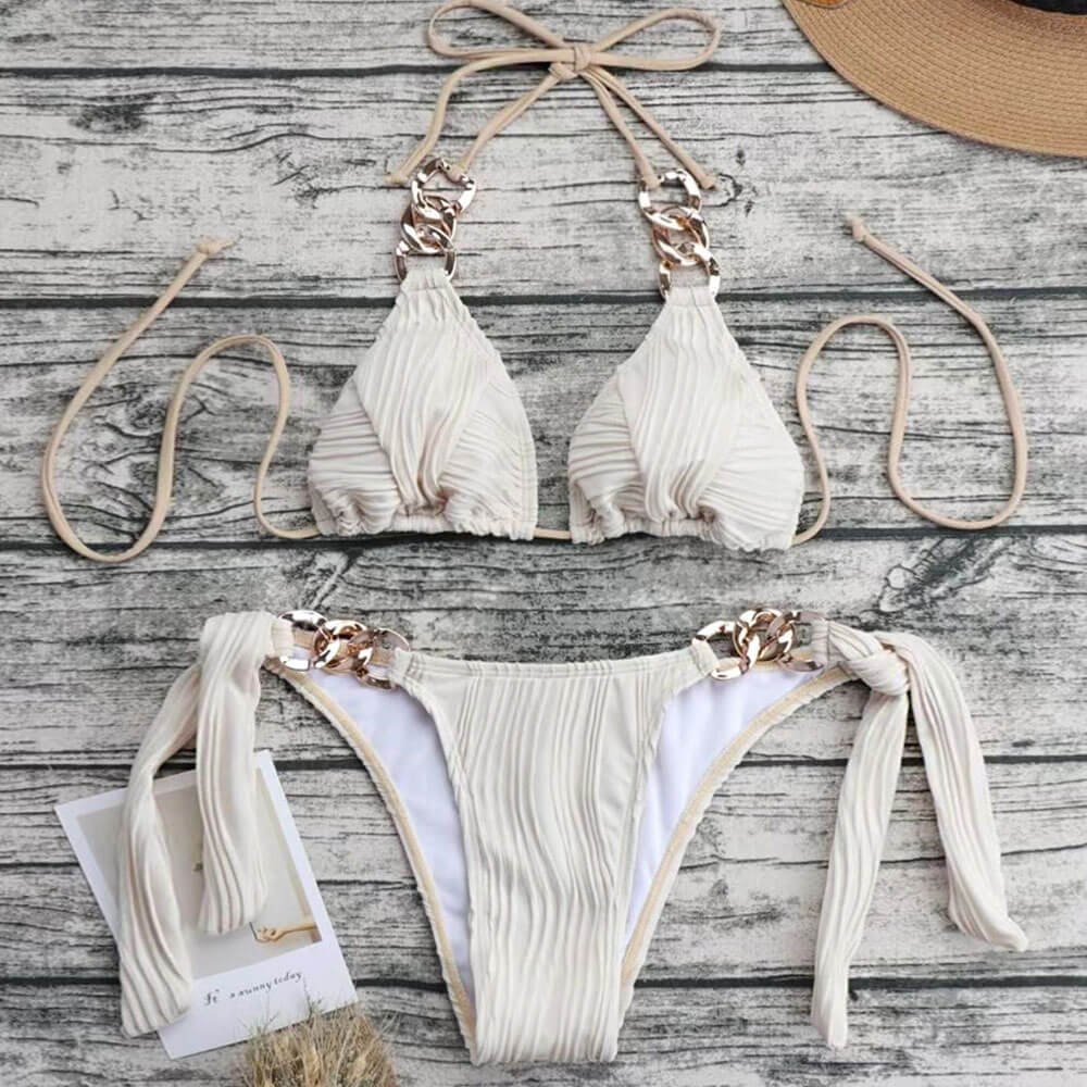 Metallic Chain Textured Halter Slide Triangle Brazilian Two Piece Bikini
