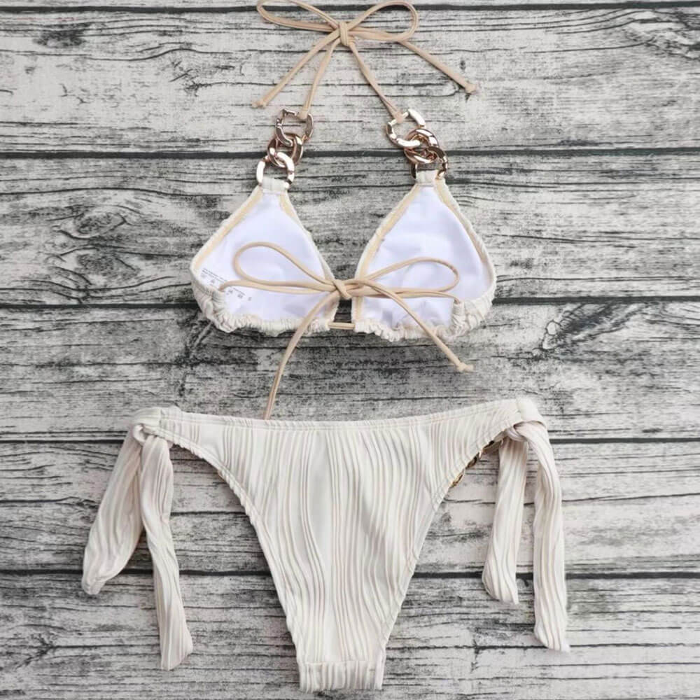 Metallic Chain Textured Halter Slide Triangle Brazilian Two Piece Bikini