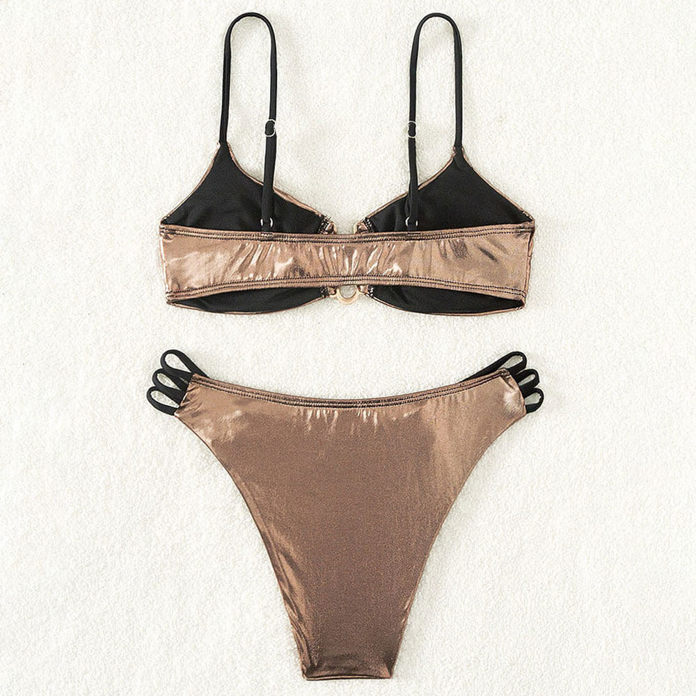 Metallic Cutout Strappy Cheeky U Wire Bralette Brazilian Two Piece Bikini