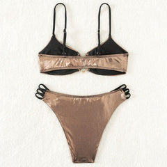 Metallic Cutout Strappy Cheeky U Wire Bralette Brazilian Two Piece Bikini