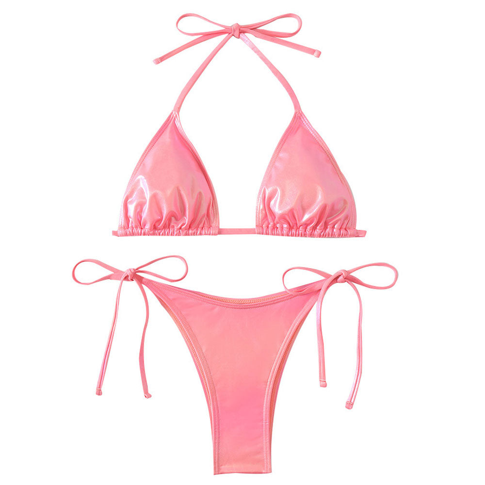Metallic Foil String Tie Cheeky Triangle Halter Brazilian Two Piece Bikini