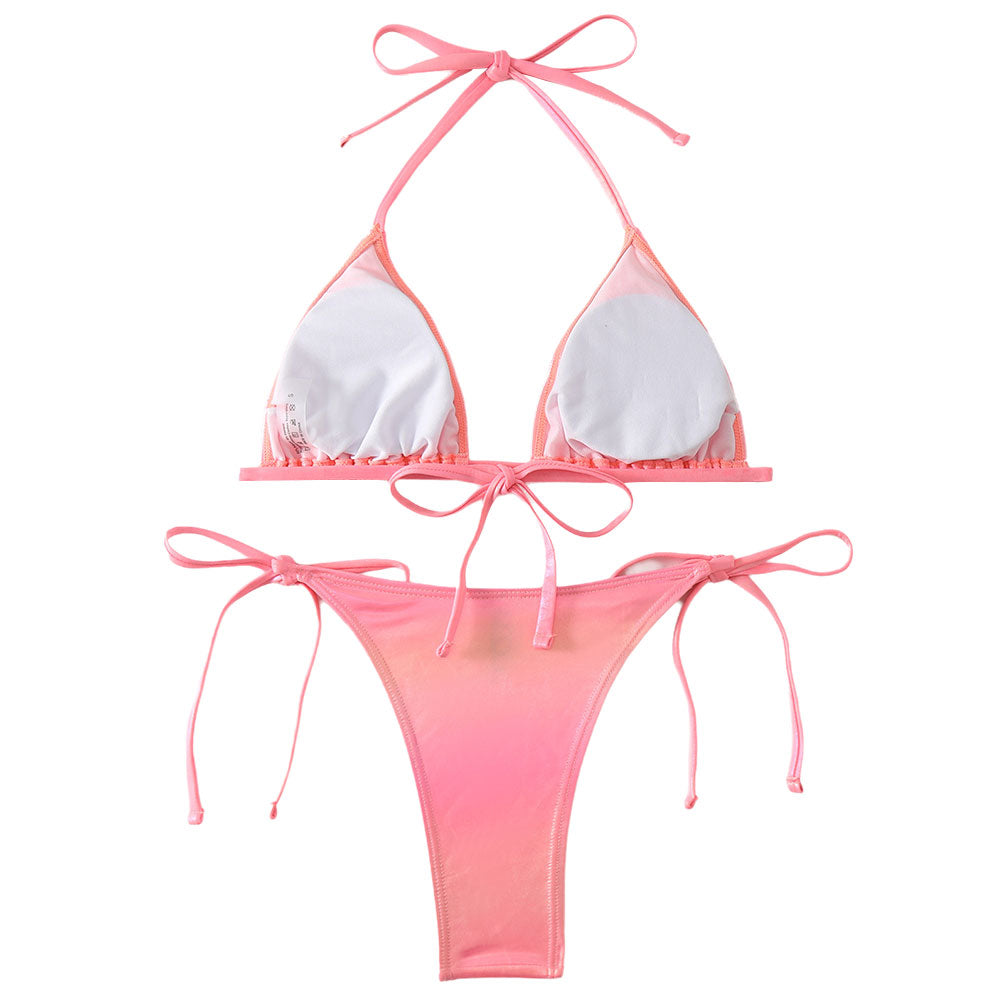 Metallic Foil String Tie Cheeky Triangle Halter Brazilian Two Piece Bikini