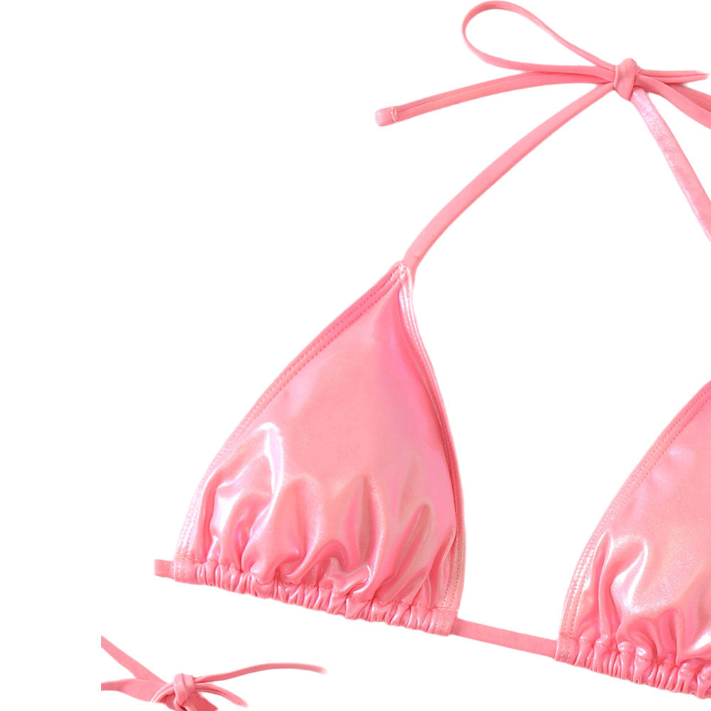 Metallic Foil String Tie Cheeky Triangle Halter Brazilian Two Piece Bikini