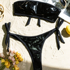 Metallic Foil Tie Strap Skimpy Thong Bandeau Brazilian Two Piece Bikini
