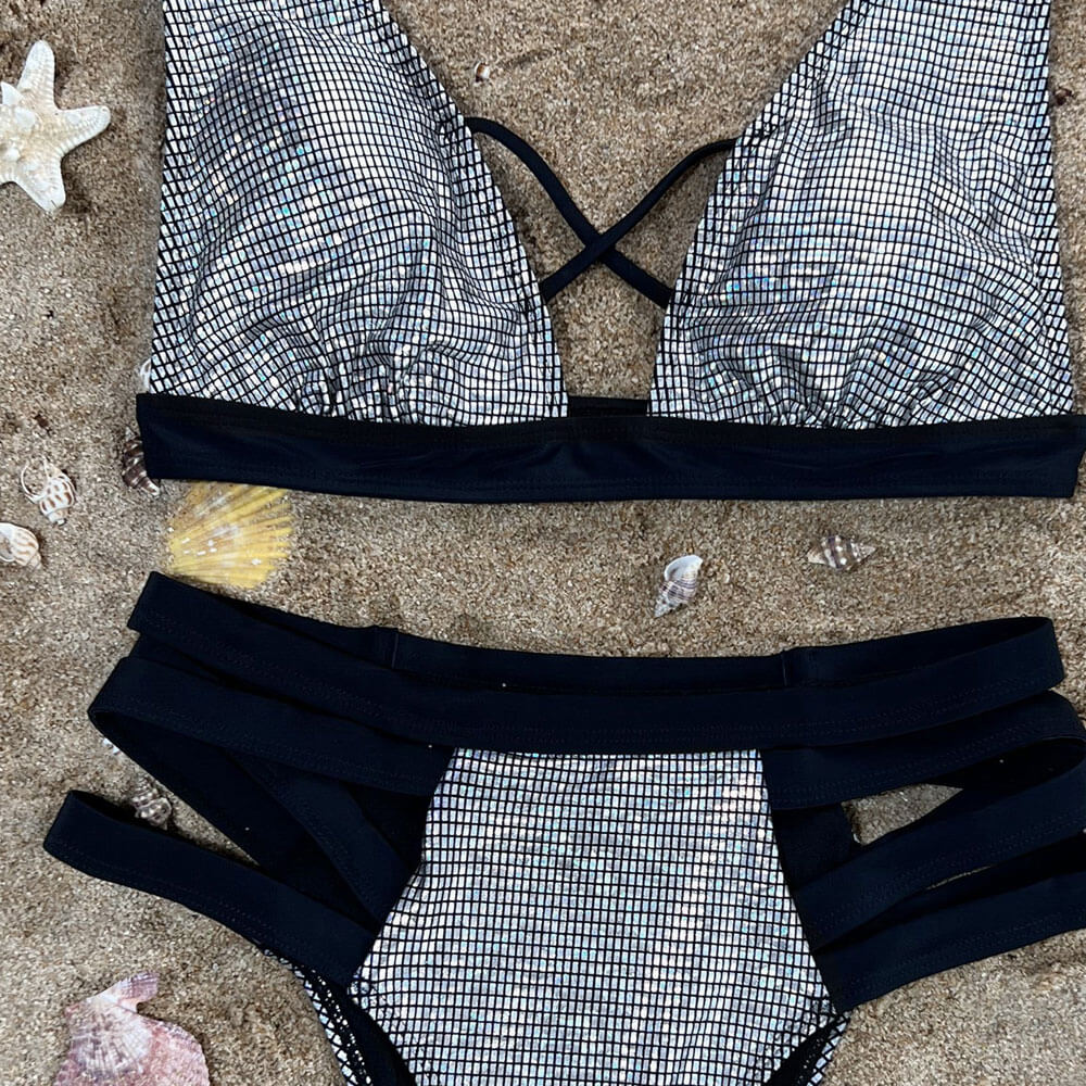 Metallic Gingham Cutout High Waist Triangle Brazilian Two Piece Bikini