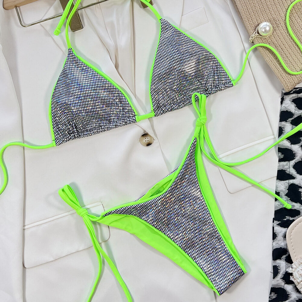 Metallic Gingham Neon String Slide Triangle Brazilian Two Piece Bikini