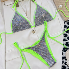 Metallic Gingham Neon String Slide Triangle Brazilian Two Piece Bikini