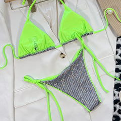 Metallic Gingham Neon String Slide Triangle Brazilian Two Piece Bikini