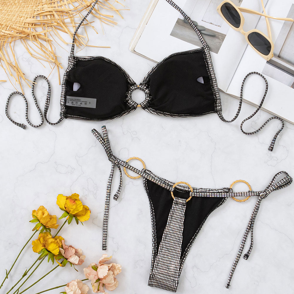 Metallic Gingham Tie String Ring Thong Halter Brazilian Two Piece Bikini