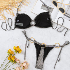 Metallic Gingham Tie String Ring Thong Halter Brazilian Two Piece Bikini