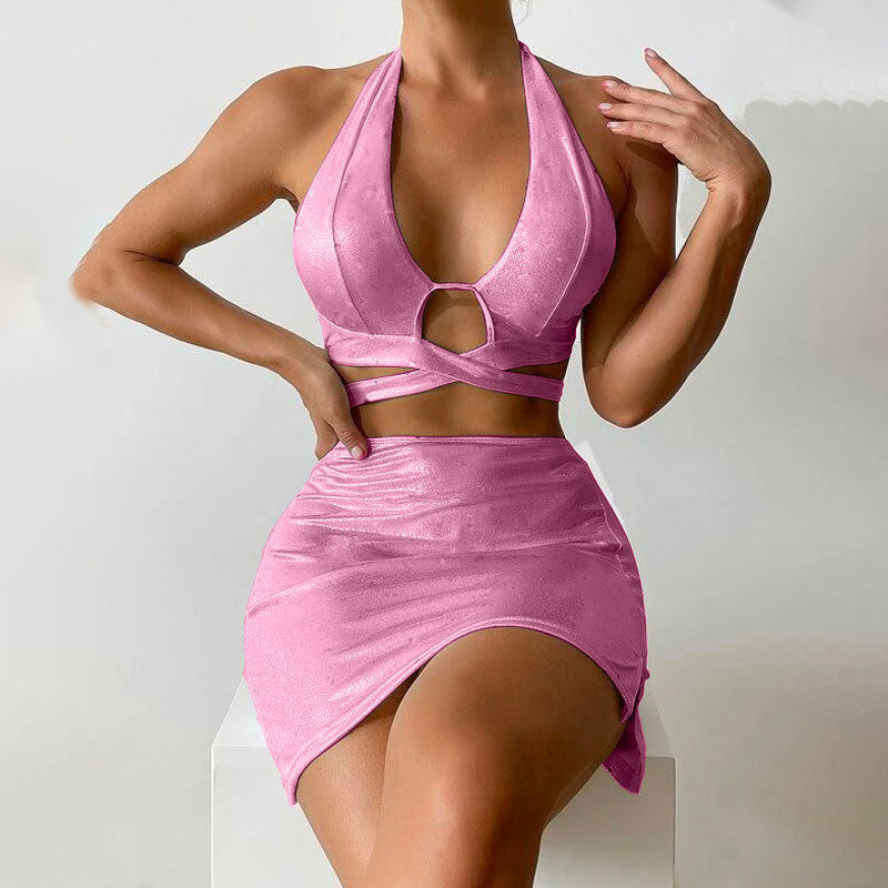 Metallic High Cut Cutout Halter Brazilian Three Piece Bikini