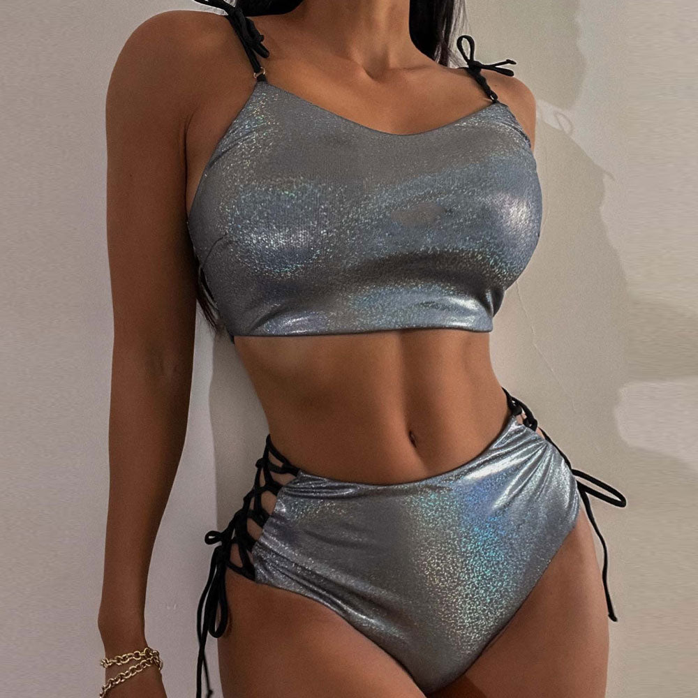 Metallic Lace Up Bralette Crop Brazilian Two Piece Bikini