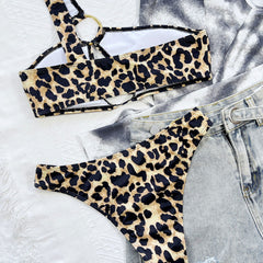 Metallic O Ring Cutout Leopard One Shoulder Brazilian Two Piece Bikini