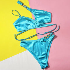 Metallic O Ring Cutout Wrap Around Brazilian Two Piece Bikini