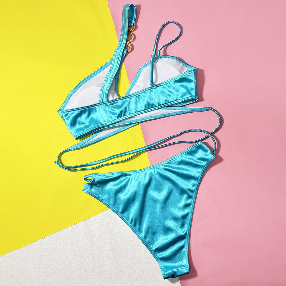 Metallic O Ring Cutout Wrap Around Brazilian Two Piece Bikini