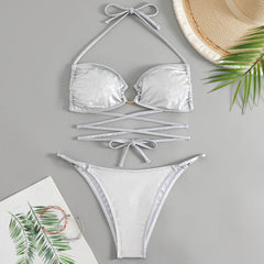 Metallic O Ring String Cheeky Wrap Halter Brazilian Two Piece Bikini