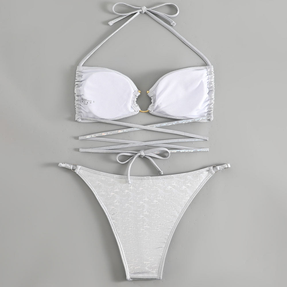Metallic O Ring String Cheeky Wrap Halter Brazilian Two Piece Bikini