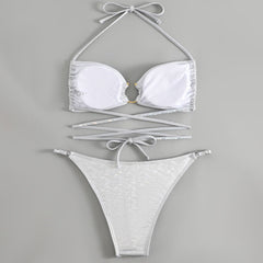 Metallic O Ring String Cheeky Wrap Halter Brazilian Two Piece Bikini