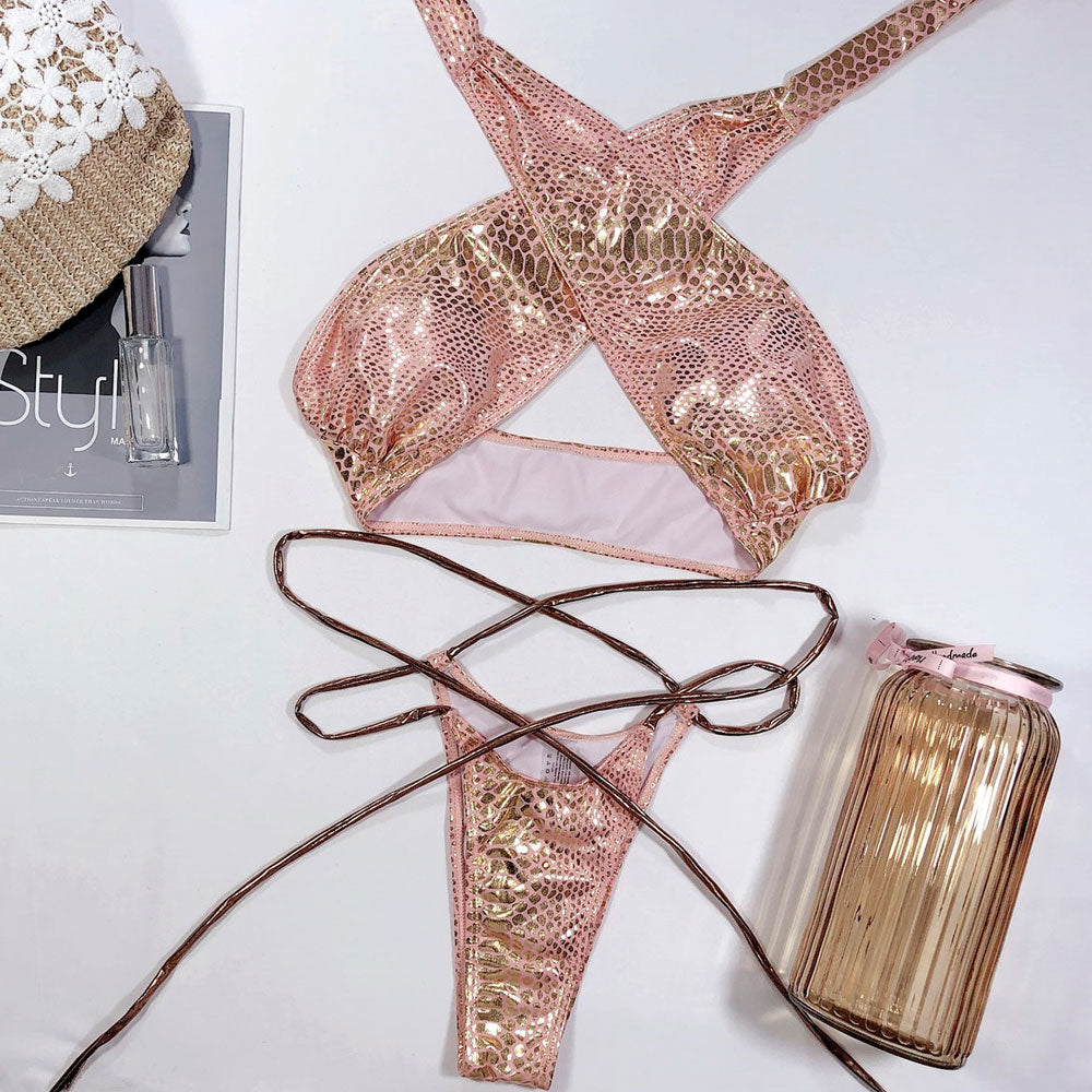 Metallic Print Cross Wrap Halter Tie String Brazilian Two Piece Bikini