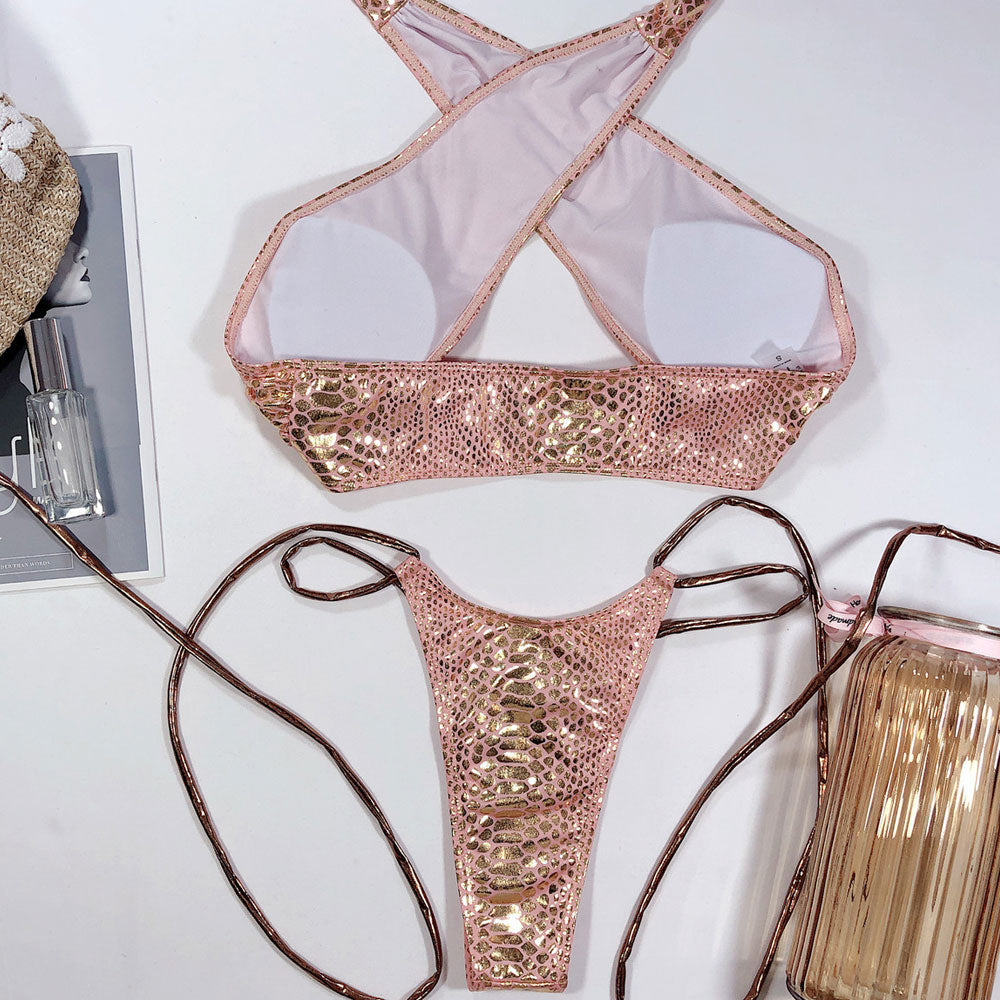Metallic Print Cross Wrap Halter Tie String Brazilian Two Piece Bikini