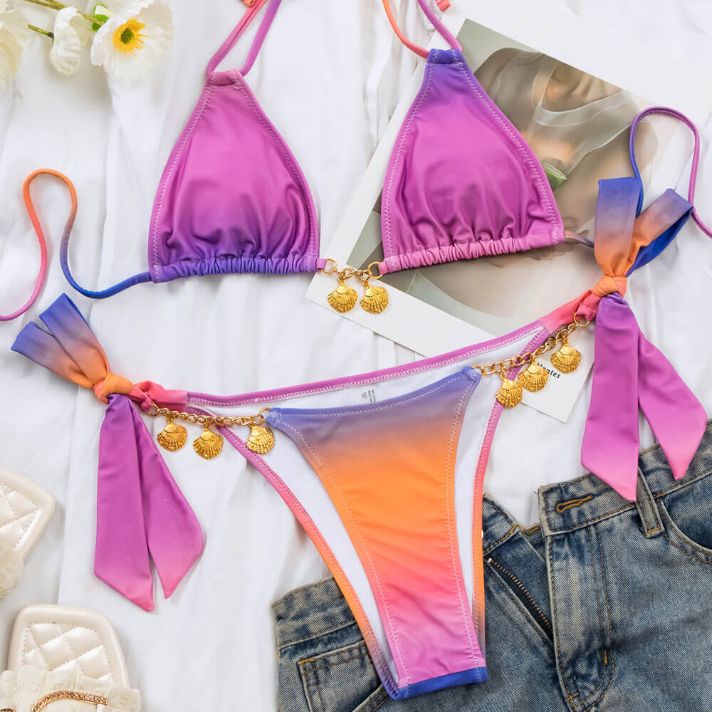 Metallic Shell Chain Gradient Triangle Brazilian Two Piece Bikini
