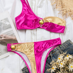 Metallic Shell Contrast High Cut One Shoulder Brazilian Two Piece Bikini