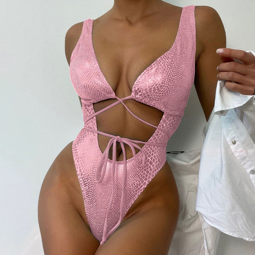 Metallic Snake High Leg Wrap Low Back Cutout Deep V Brazilian One Piece Swimsuit