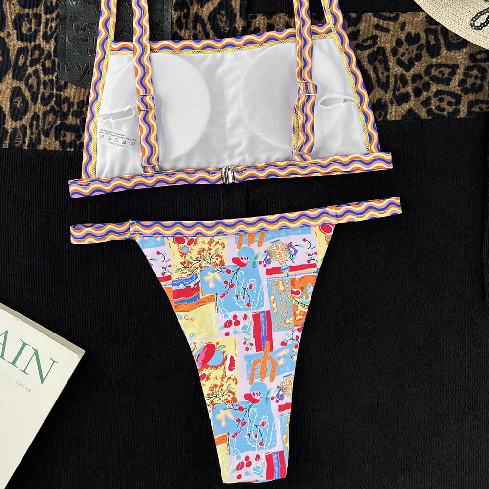 Multicolored Print Cheeky String Side Boob Bralette Brazilian Two Piece Bikini